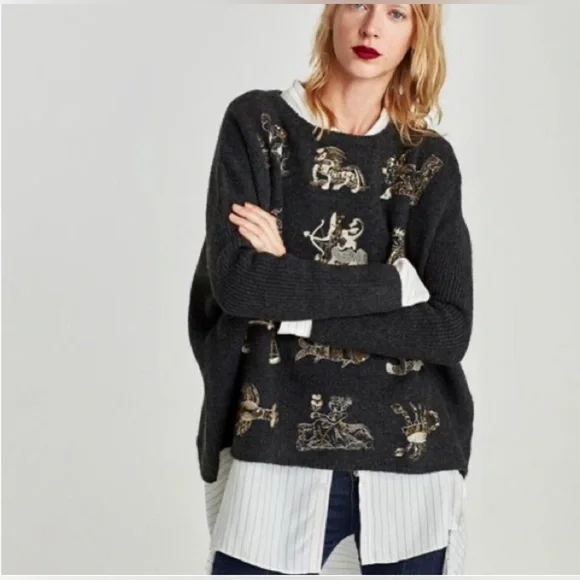 Zara Embodied and Beaded Zodiac Sweater Size Large EUC Wool Blend - Picture 2 of 8